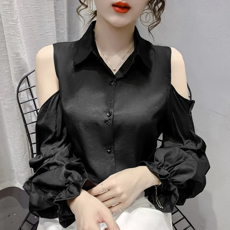 Ezgaga Elegant Blouse Women Puff Sleeve Turn-Down Collar Korean All-Match Solid Slim Off Shoulder Fashion Female Shirts Sexy 210430