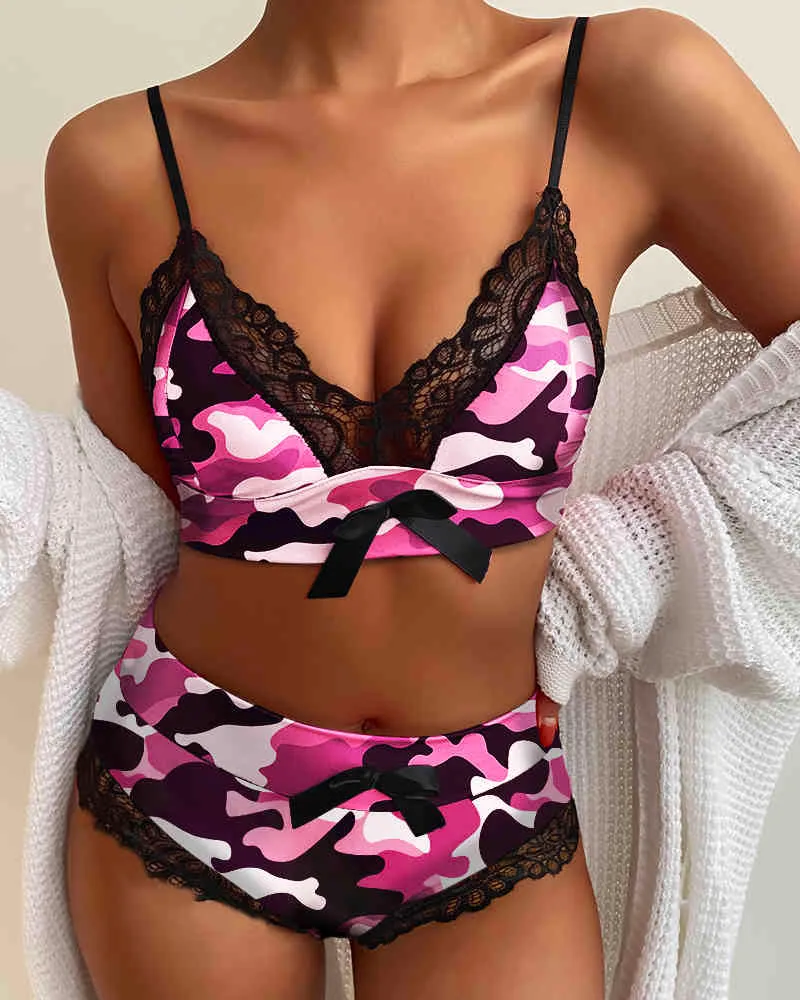 Women Sexy Bowknot Lace Colorblock Lingerie Set Ladies V Neck Bra Set Two Pieces Sleepwear Underwear Femme Nightwear 210415