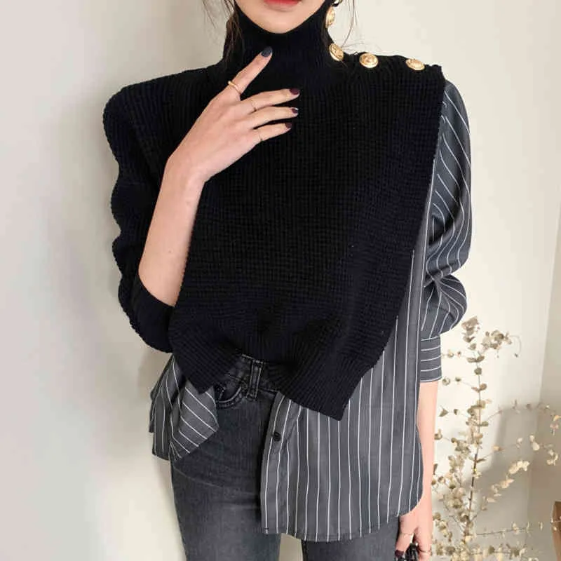 Coreano Chique Suéteres Mulheres Turtleneck Winter Patchwork Listrado Mujer Suésteres FAKE Outono Pull Femme 19167 210415