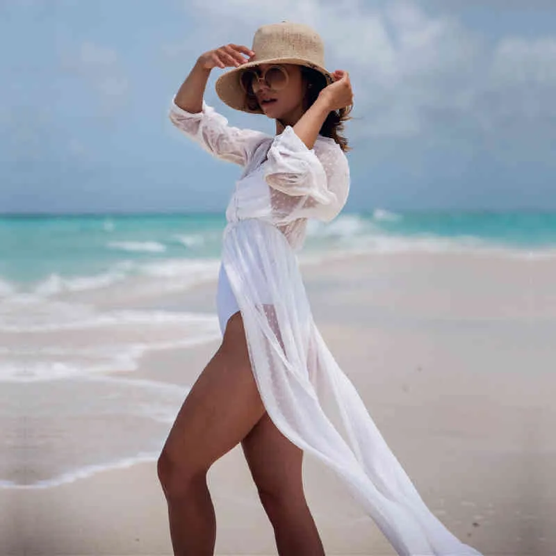 Sexy durchsichtige Bikini-Vertuschungen, weiße Spitze, Tunika, Sommer-Strandkleid, elegante Frauen tragen Badeanzug-Vertuschungen Q1096 210420
