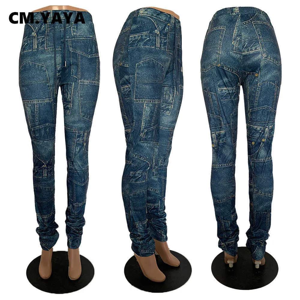 CM.YAYA Faux Jeans Imprimer Femmes Pantalon Legging Taille Haute Flare Cloche Bas Froncé Pile Pantalon Drapé Jogger Pantalon De Jogging 211007