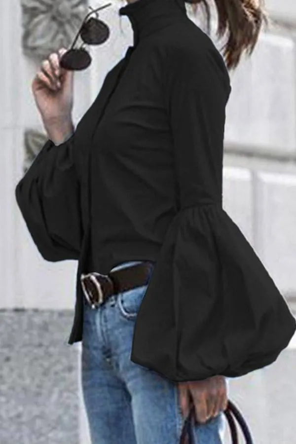 ブラウスの女性のシャツのソリッドプラスサイズ3xlシングルブレストボタンタートルネックパフスリーブオフィスレディーストップスリムフィットヴィンテージ210416