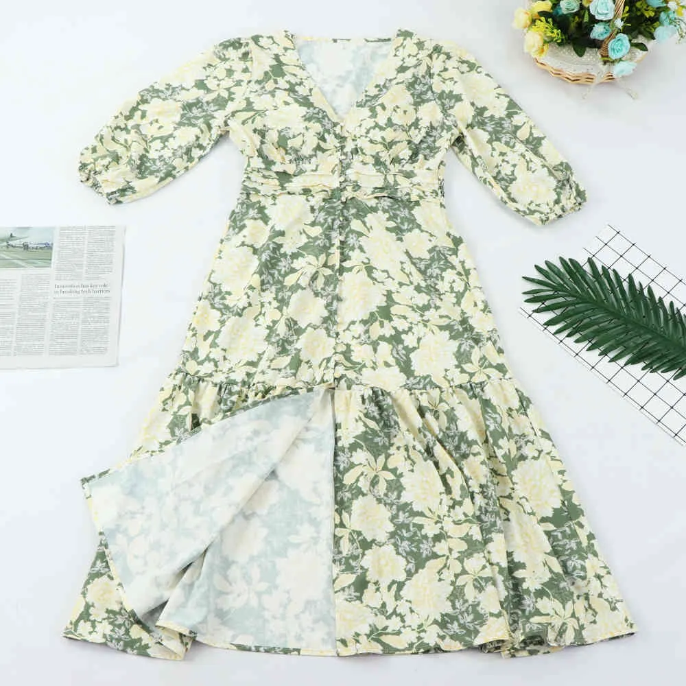 Mulheres elegante Moda Floral Impressão Ruffled Midi Vestido Vintage Vintage Vintage Três Quarter Manga Feminina Vestidos Vestidos Robe Za 210510