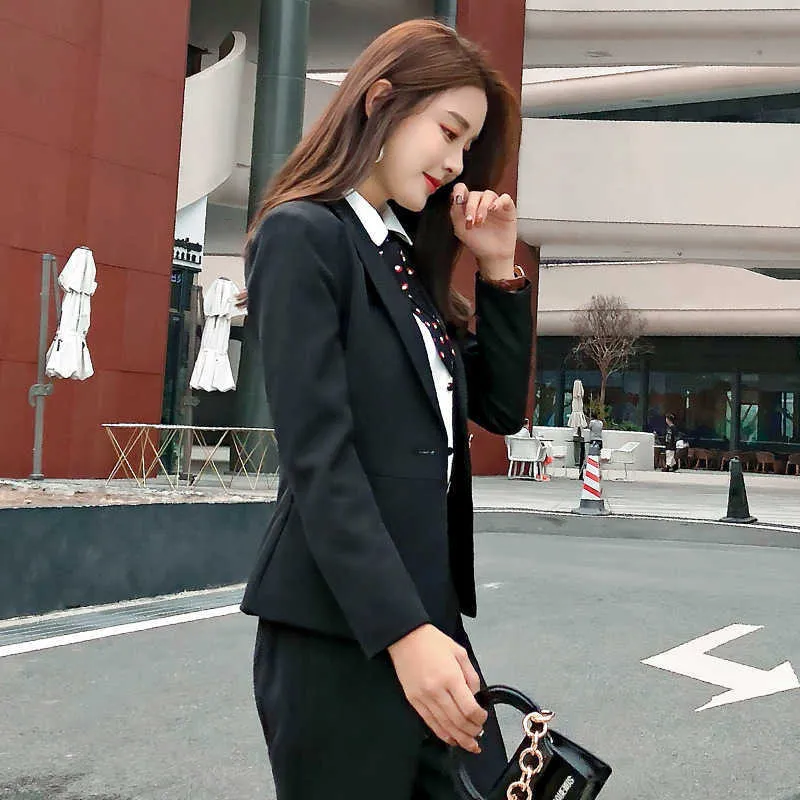 Bayanlar siyah takım elbise sonbahar mizaç bayan iş ofis ceket kadın moda pantolon iki parçalı tulum 210527