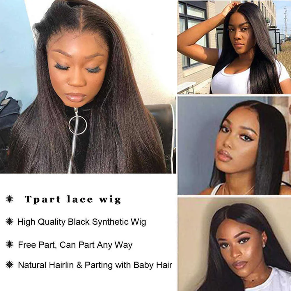 Perruque Lace Wig synthétique t-part longue et lisse estampillée Glorious, perruque Lace Wig noire avec raie centrale pour femmes, perruque de Cosplay résistante à la chaleur S0826