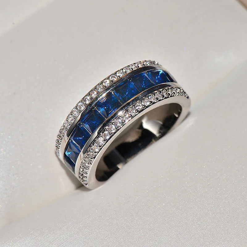 スタンプシルバーカラーフィンガーリング付き本物の青い正方形の立方体ジルコニアクリスタルワイドリングの女性結婚式ジュエリーx0715