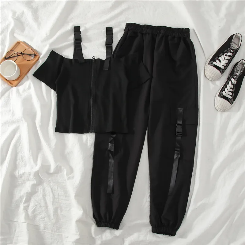 Safari Style Harem Long Pants Sets Women 2020 Summer Spring Vintage Streetwear Zipper Short Tops+long Pants Matching Set Female X0428