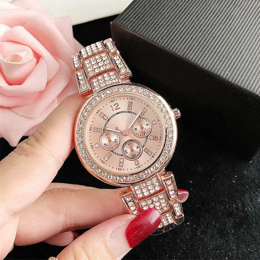 브랜드 시계 여성 소녀 크리스탈 다이아몬드 3 다이얼 스타일 금속 강철 밴드 쿼츠 손목 시계 Fo15