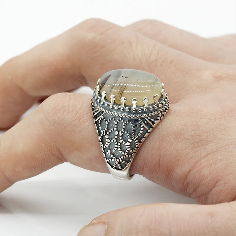 Anel de ágata natural para homem puro prata esterlina 925 vintage punk masculino feminino anéis turcos feitos à mão joias para presente por atacado