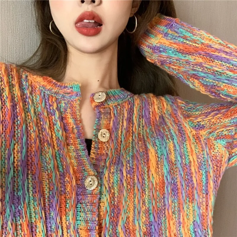 Damska Kardigan Kurtka Rainbow Sweter Koreański Luźny Dzianina Top Wiosna Wild Lazy Pl161 210506