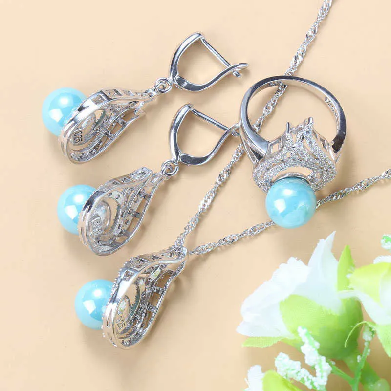 Ensembles de bijoux de mariage de mariée bleu ciel Zircon perles d'eau douce naturelles balancent/boucles d'oreilles/Bracelet/bague femmes Costume H1022