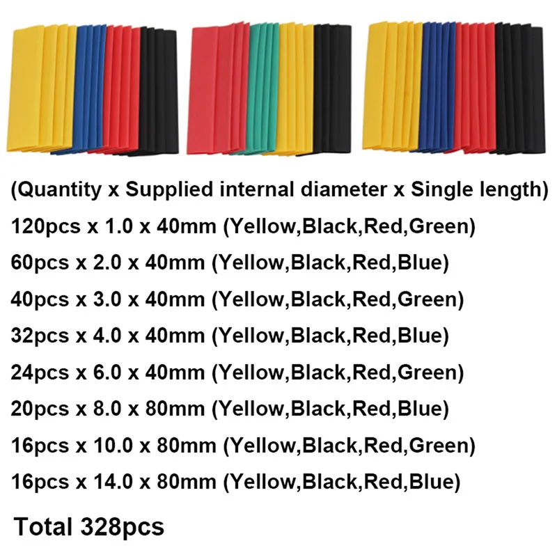 164 pièces/328 pièces 2:1 polyoléfine thermorétractable Tube câble Tube gaine Kit Wrap fil ensemble 4 couleurs 8 tailles