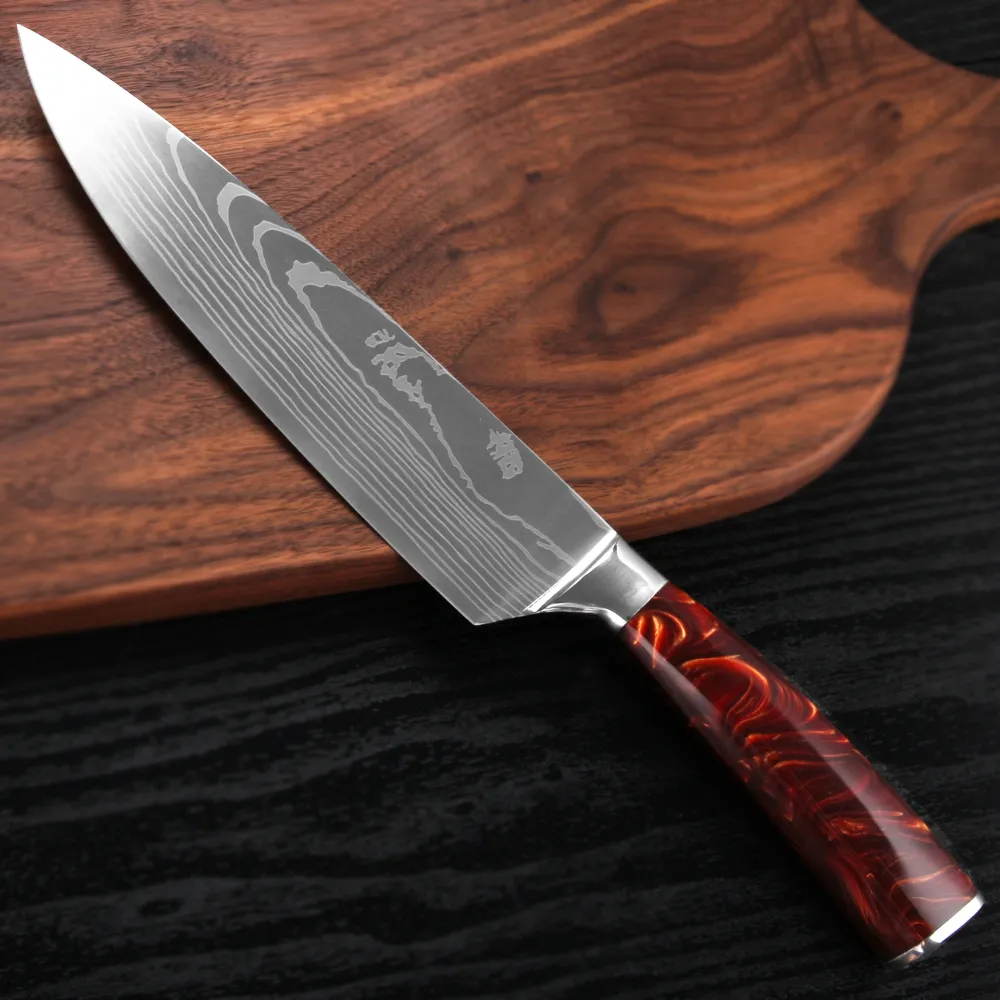 NEW red handle Chef LNIFE Set Profession Japanese Kitchen Knives Laser EAMASCUS Pattern Sharp Santoku Cleaver Slicing Utility Boni236d