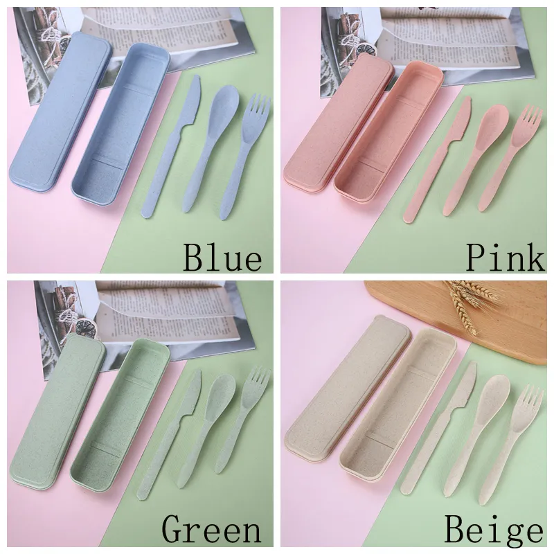 Wheat Straw Knife Fork Spoon Set Student Portable Tableware Box Cake Dessert Spoons Fruit Forks Travel Tableware BH6160 TYJ