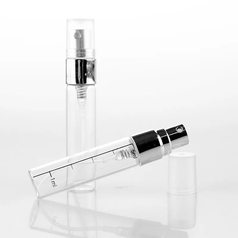 Vacío transparente de cristal Escala de perfume Botella de oro plateado Bomba de pulverización negra Tapa transparente Embalaje cosmético 2.5ml 3ml 5ml 10ml 