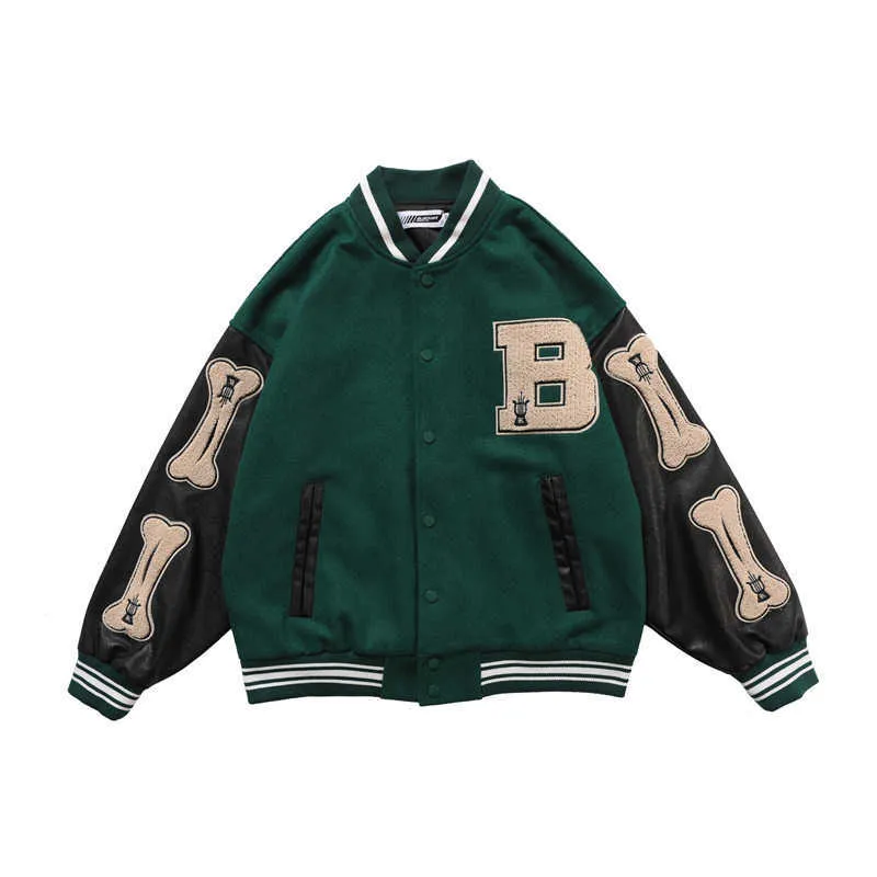 Hip Hop Streetwear Baseball Jacket Coat Brev B Bone Broderi Standup Krage Japansk Streetwear Bomber College Jacka 210818