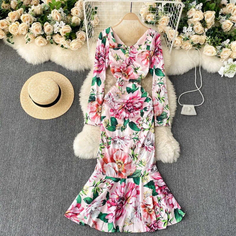 Bohemian Red/Green/Pink Flower Print Mermaid Dress Women Casual Square Collar Long Sleeve Ruffle Hem Vestidos Spring Autumn New Y0603