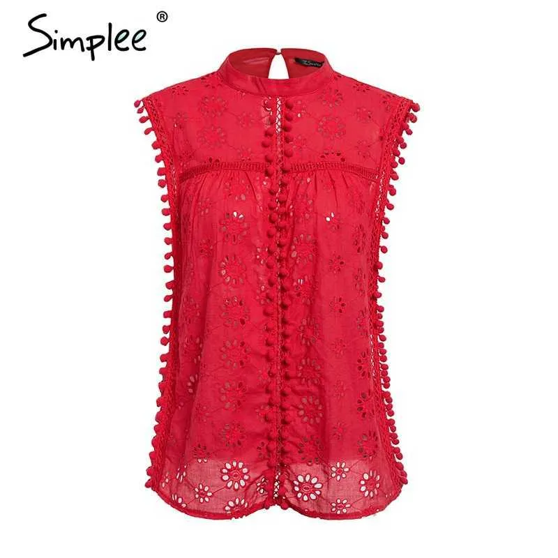 Elegant Tank Top Women Blouse Bomull Broderi Röd Skjortor Feminina Sexig Top Stand Neck Tassel Pompon Ladies Toppar Kvinna 210621