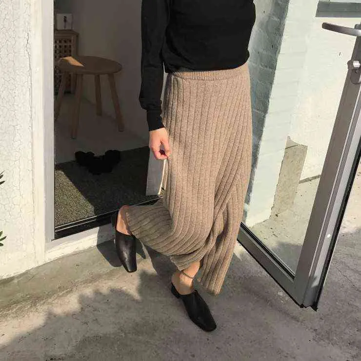 Automne hiver jupe à tricoter taille haute longue jupe crayon femmes tricoté décontracté vintage maxi jupe vintage chaud épais midi 211120