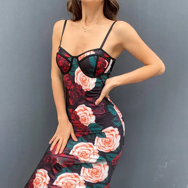 Vintage Rose fleur imprimé gaine Midi Sexy Club et fête femme robes arrivée élégante robe à bretelles Spaghetti 210525