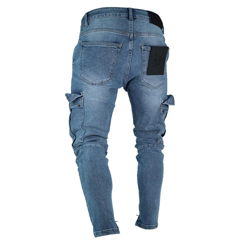 Erkek Denim Cep Pantolon Yaz Sonbahar Ince Ince Düzenli Fit Düz Kot Esneklik Sıkı Erkek