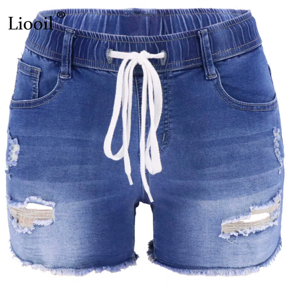 Liooil Sexy Ripped Skinny Denim Shorts mit Taschen Frauen Sommer Streetwear Hohe Taille Distressed Bodycon Loch Jean 210724