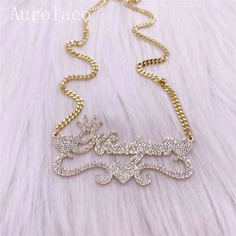 AurolaCo Aangepaste naamketting met diamanten bling roestvrij staal gouden plaat voor vrouwen cadeau 220119230x