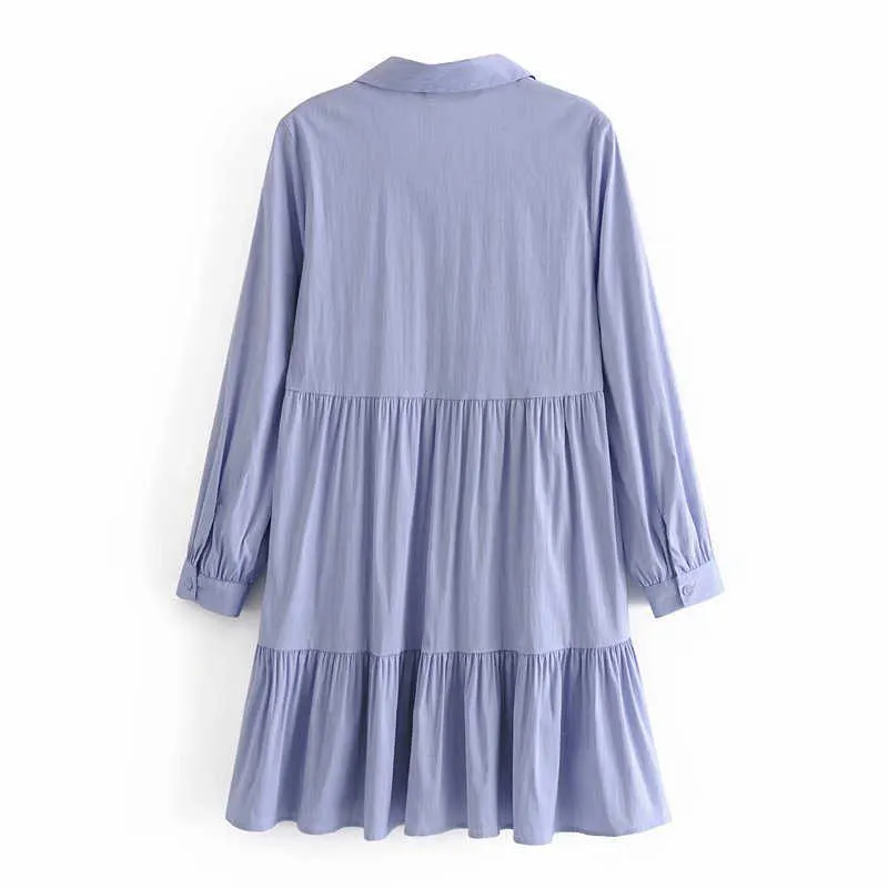 ZA Blue Mini Shirt Dress Women Long Sleeve Flounce Hem Pleated Dresses Female Chic Front Button Vintage Office Vestidos 210602