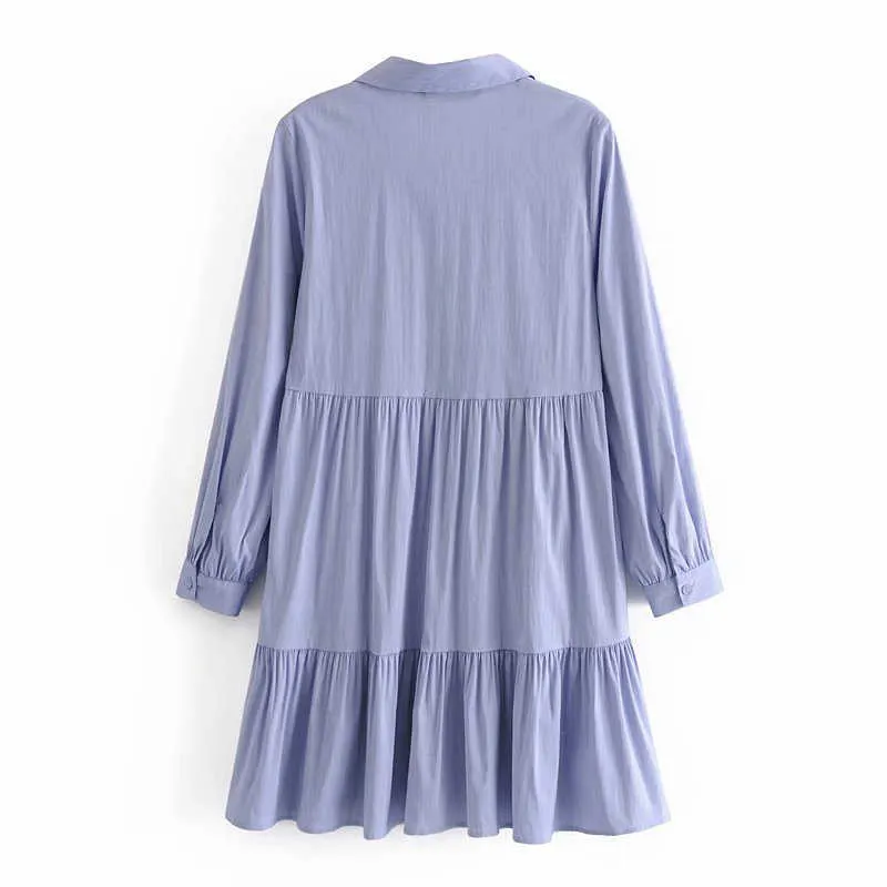 Za niebieska mini koszulka sukienka kobiety z długim rękawem flook hem plisowane sukienki żeński elegancki przedni przycisk vintage biuro vestidos 210602
