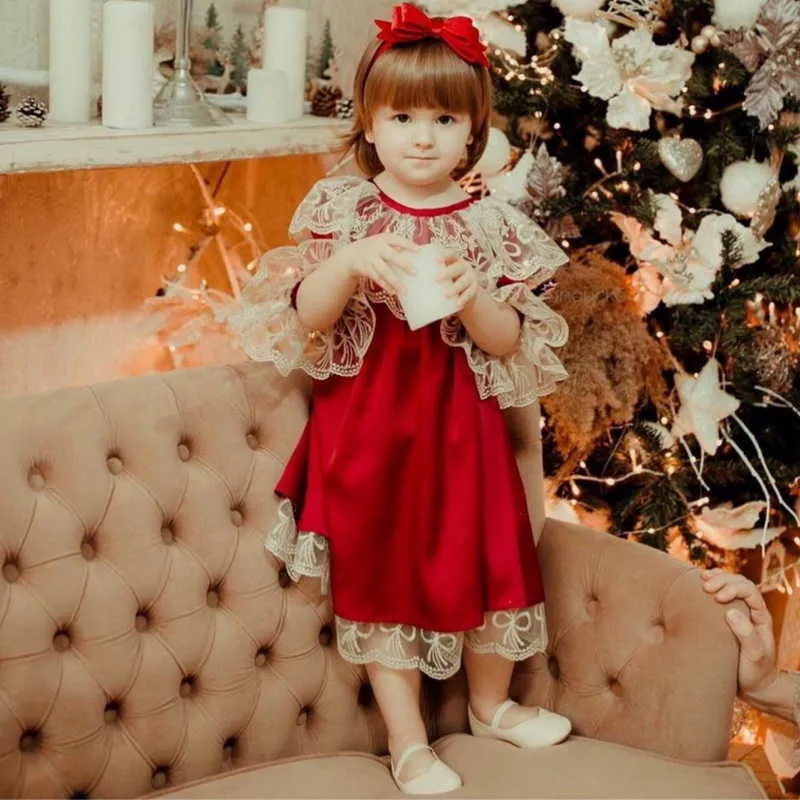 Primavera meninas princesa vestidos de mangas compridas gola de renda vermelha Mid-bezerro vestido de festa de moda para crianças menina E915 210610