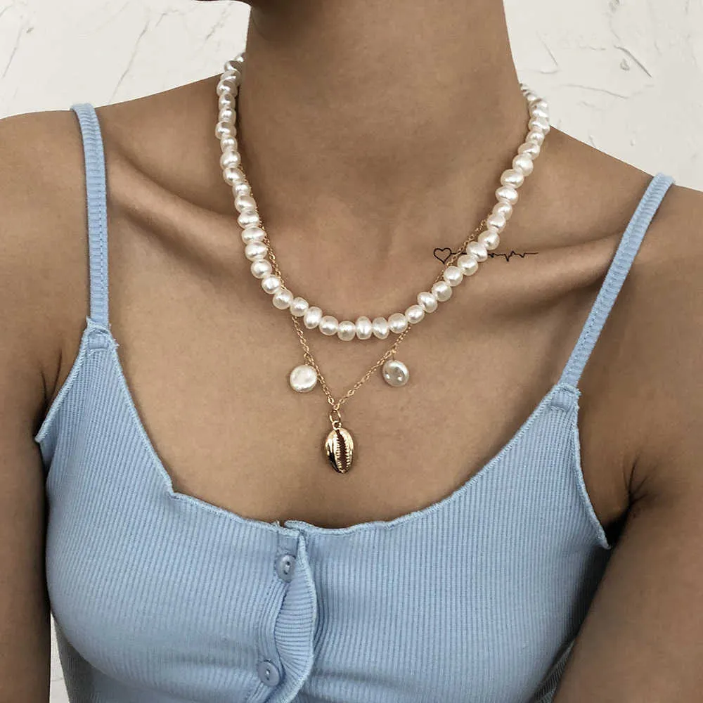 2021 tempérament bijoux Double Simple collier de perles mode atmosphère sauvage pendentif clavicule chaîne