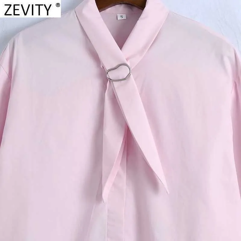 Zevity Frauen einfach stilvoller Kragen-Design Rosa Popeline Bluse-Büro-Damen-Langarm-lose Hemden Chic-Chemise-Tops LS9379 210603