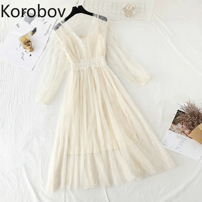 Korobov Summer Summer Style Boho Dress New Chic Dolce Laccio V Collo con scollo a V Abiti Abiti a maniche lunghe Vita alta Coreana Vestidos 210430