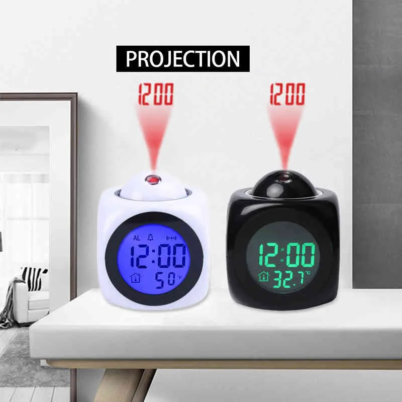 Mode Attention Projection numérique météo LCD Snooze réveil projecteur couleur affichage LED rétro-éclairage cloche minuterie décor à la maison