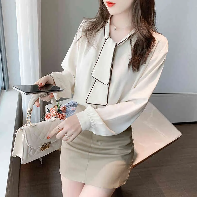 Kimutomo Vintage Hong Kong Style Blouse Shirt Women Bow Lace Up Solid Long Sleeve Chiffon Tops Ladies Elegant Spring 210521