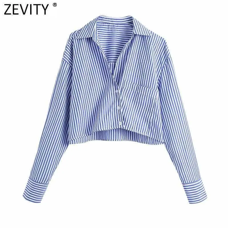 Zevity Women Vintage Turn Down Collar Paski Drukuj Krótki Smock Bluzka Office Lady Długie Rękaw Koszulki Chic Luźne Topy LS9005 210603