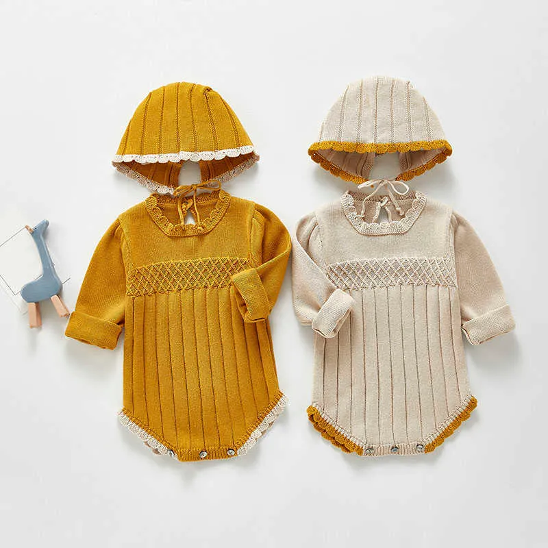 Björn ledare höst vinter småbarn baby stickade rompers spädbarn casual kläder med hatt födda tjejer pojkar koreanska stil bodysuits 210708