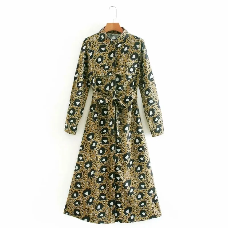 Frauen Leopard Print Turndown Kragen Schärpen Midi Hemd Kleid Weibliche Lange Hülse Kleidung Casual Dame Lose Vestido D7157 210430