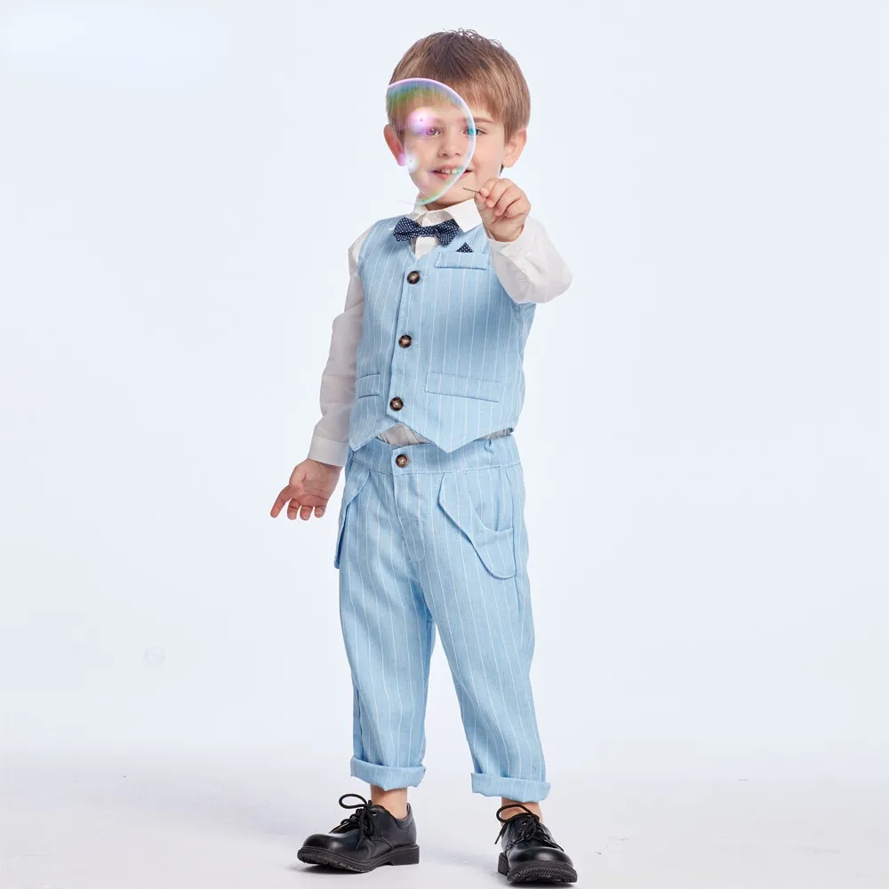 Spring Autumn Baby Boy Gentleman Suit vit skjorta med Bow Tie+randig väst+byxor 3st Formal Kids Clothes Set