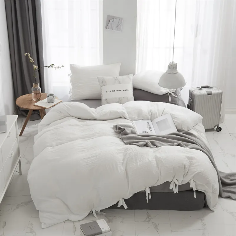 Nordic Solid Simple White Blue Set copripiumino con lacci Biancheria da letto Biancheria da letto Trapunta Queen Size Copriletto Set biancheria da letto Poliestere
