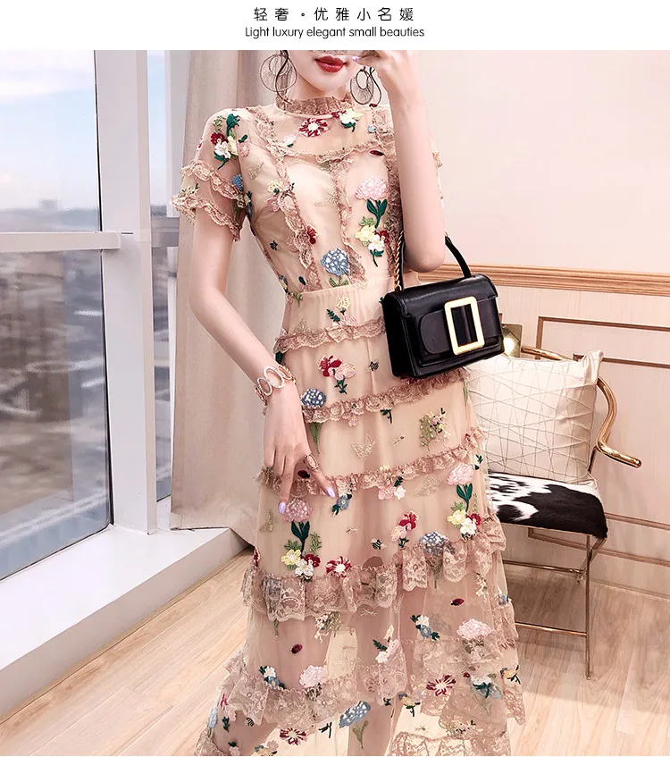ラウンドネックフラワー刺繍エレガントなドレス女性半袖ロングガーゼレースイブニングサマーファッション210520