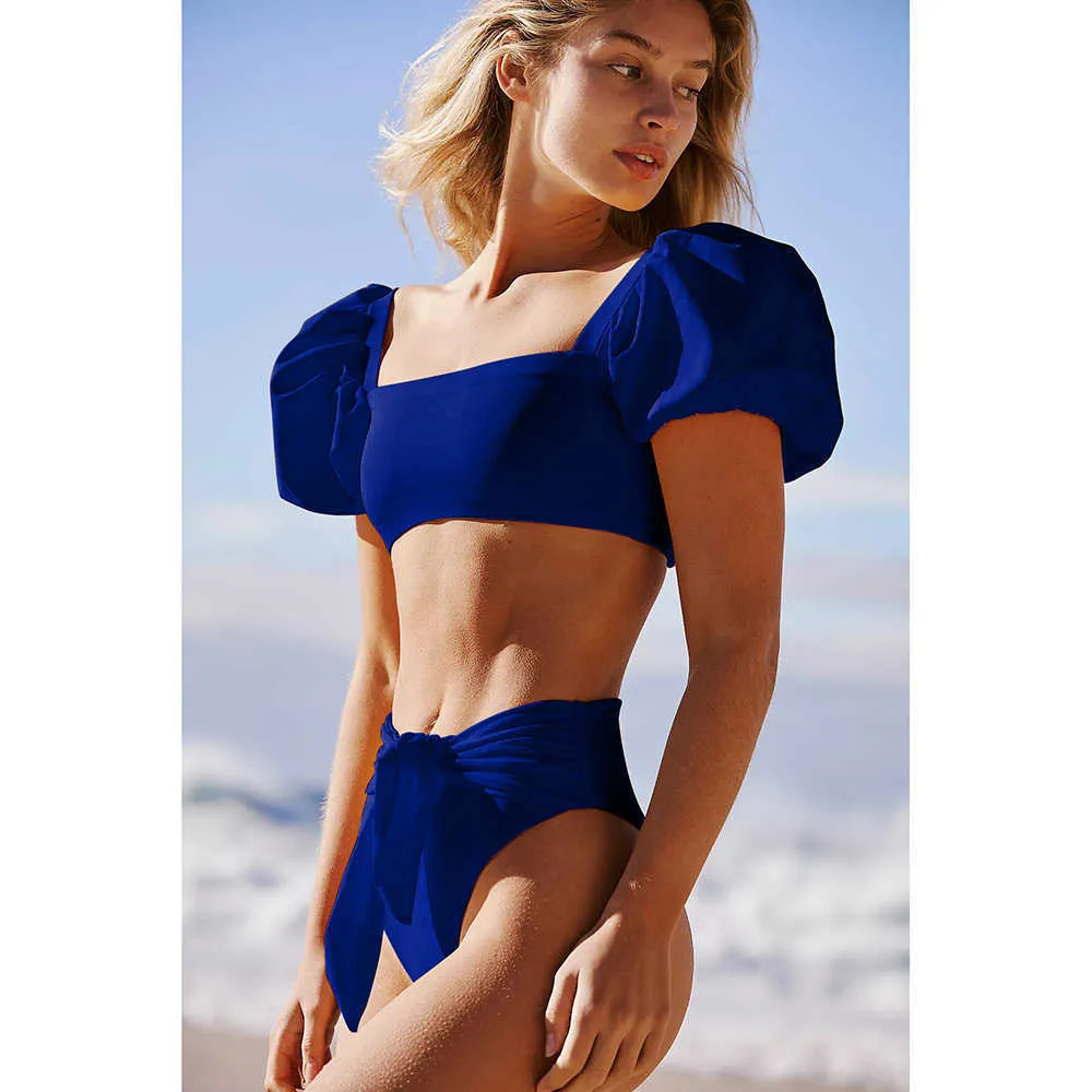 Puf Kollu Bikini Set Bandaj Strappy Sarı Mayo Kadınlar Yüksek Bel Mayo Mayo Beach Bequini Biquini 210604