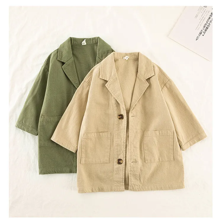 Spring Japan style unisex solid color cotton long trench Boys and girls soft loose jackets coats 210508