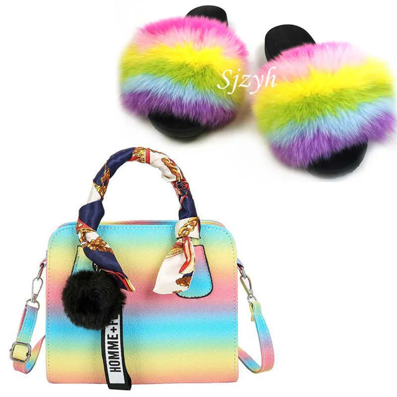 Frauen Pelzige Rutschen Bunte Regenbogen Umhängetasche Schuhe Damen Fuchspelz Hausschuhe Passende Geldbörsen Plüsch Sandalen Weibliche Handtasche X0925