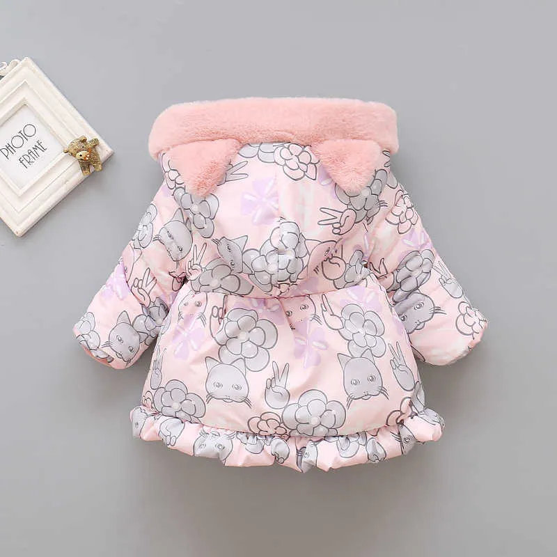 Kids Baby Girls Jackets Clothing Hooded Coats Winter Toddler Warm Cartoon Printed Jacket Outerwear 2-5Y 211011