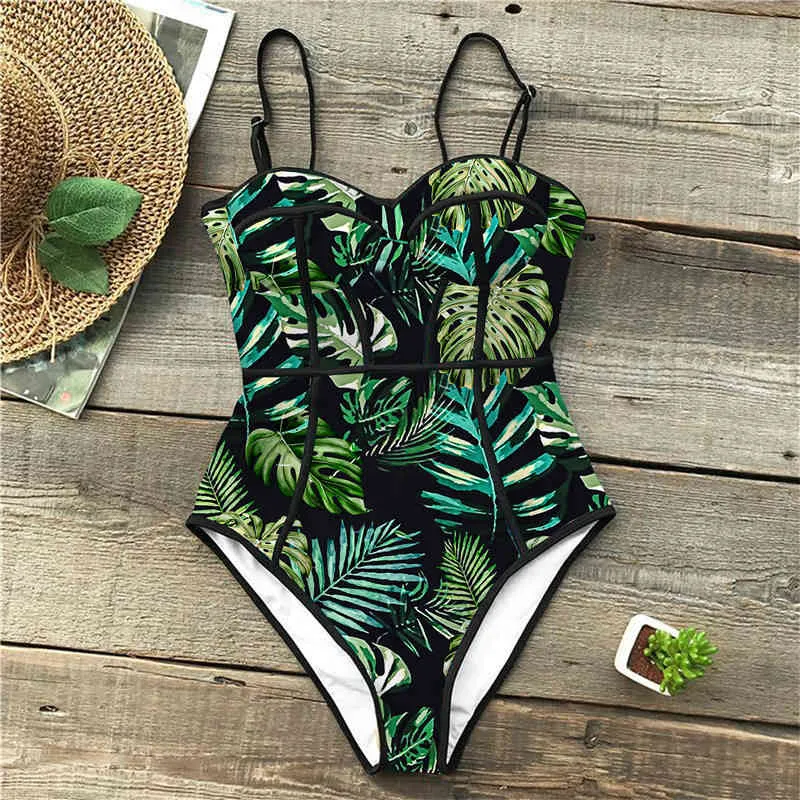 Monokini Swimsuit Female Sexy Push Up Swimwear Women Print Bathing Suit Summer Beachwear Ruffle Swimming Suit 210407