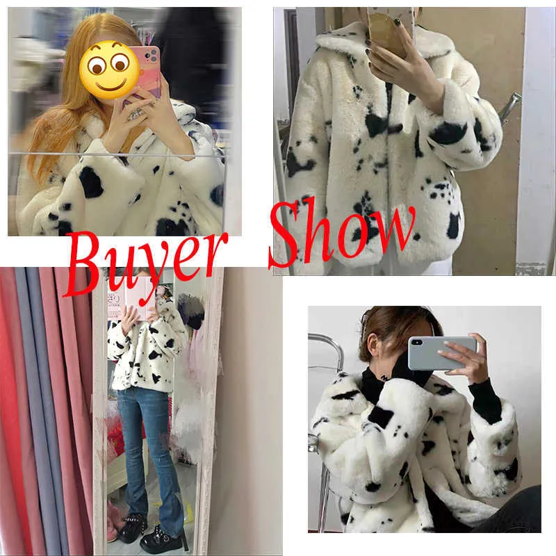 Lucykever Winter Black and White Faux Norek Fur Coat Kobiety Krótki Collar Collar Grube Ciepłe płaszcz Koreański Słodkie Pluszowe Płaszcze 211019  t