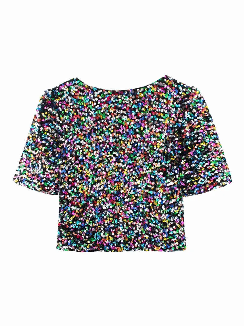 Sexy Woman Colorful Sequined V Neck Tops Spring Summer Fashion Ladies Shiny Club T-Shirt Female Chic Blingbling Top 210515