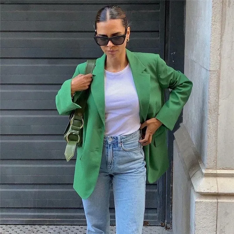 Vrouw vintage groene losse blazer pakken lente elegante vrouwelijke streetwear solide matching sets dames hoge wassited broek pak 220315