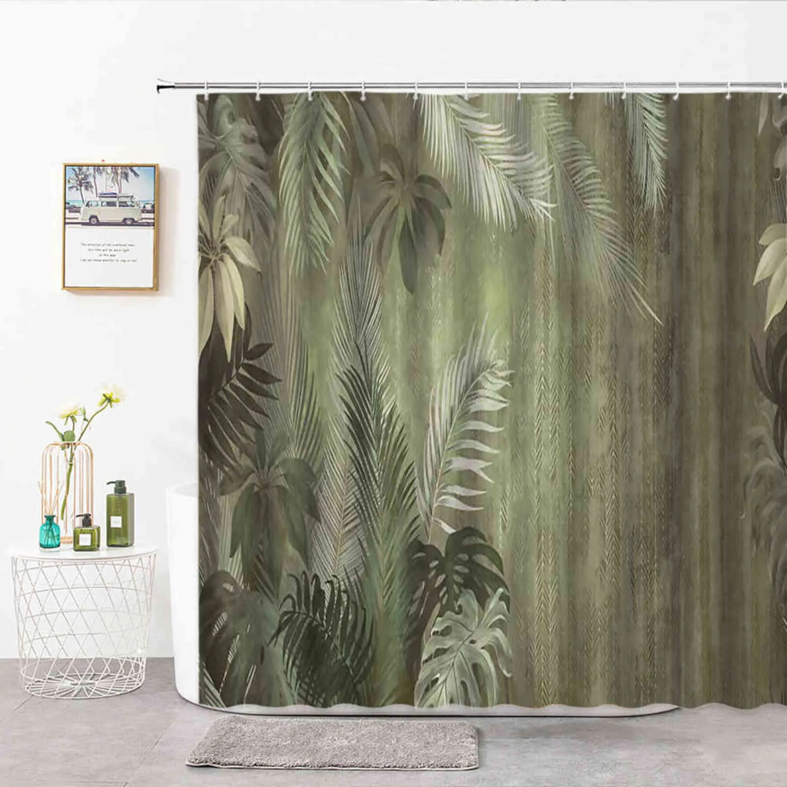 植物の葉のシャワーカーテンバスルーム装飾用の黒い白い手のひらの葉カスタマイズ可能なサイズのバスルームの洗濯物214006921
